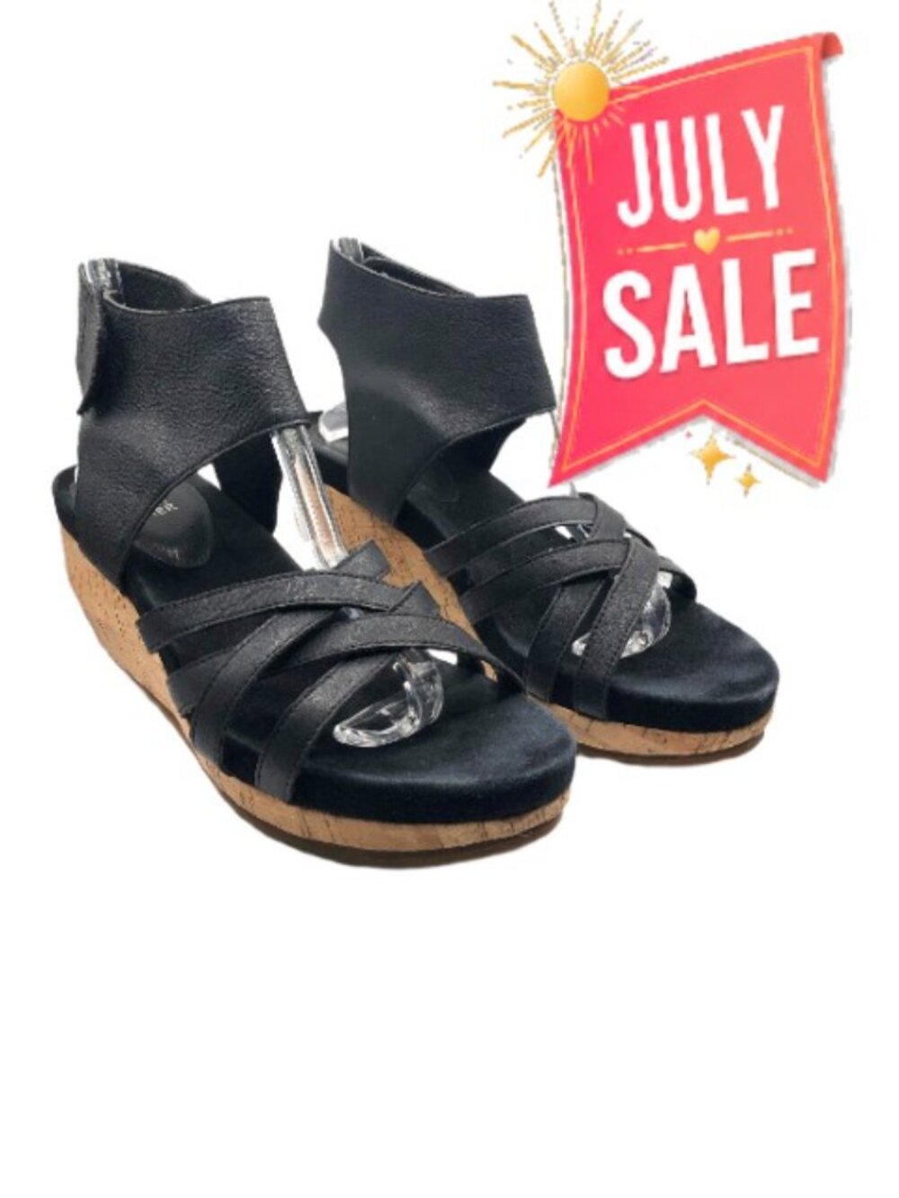 Eileen Fisher “Vast” Black Leather Strappy Cork Wedge Platform Sandals Size 8